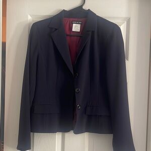 Women's Dark Navy Blue Button-Up Blazer with matching skirt.
